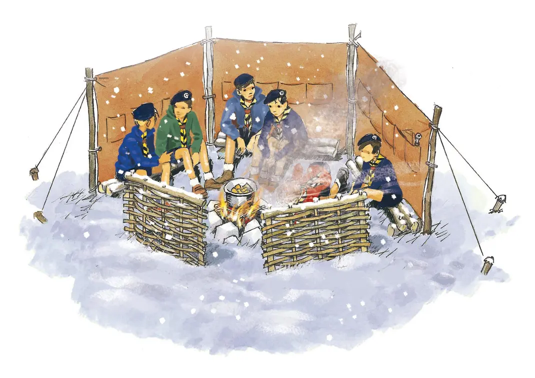 Scouts s'abritant dans la neige en hiver