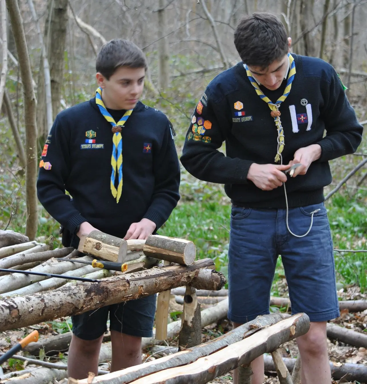 CP qui taille son bout de bois devant son pionnier